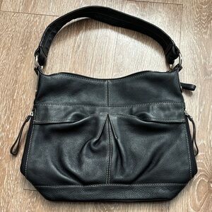 Tignanello black leather purse/shoulder bag w/ pleated pocket front